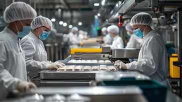 Food manufacturing production line with workers in white coats and hairnets
